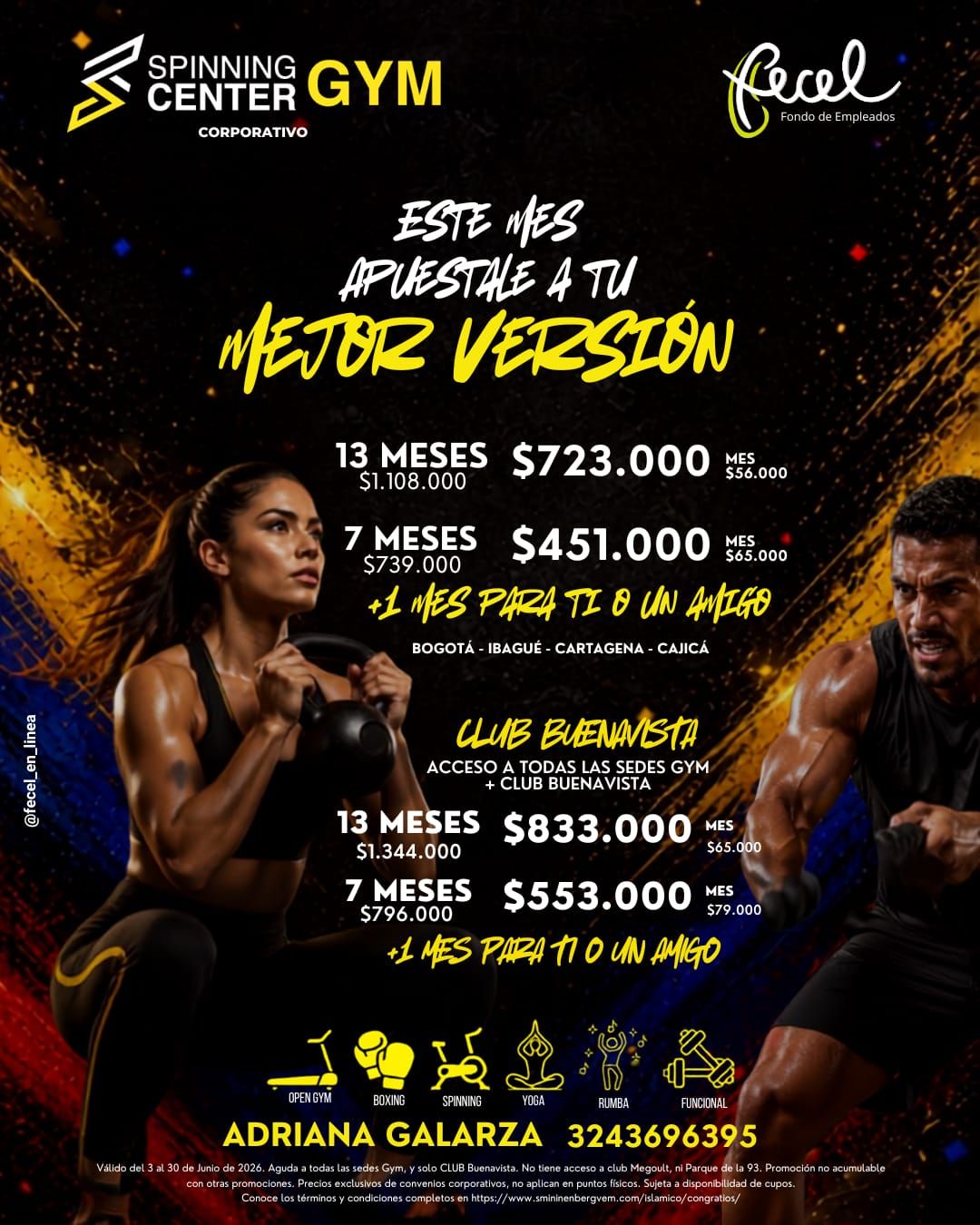 Convenio FECEL con Spinning Center Gym: planes de 7 y 13 meses con un mes adicional para ti o un amigo, en Bogotá, Ibagué, Cartagena y Cajicá.