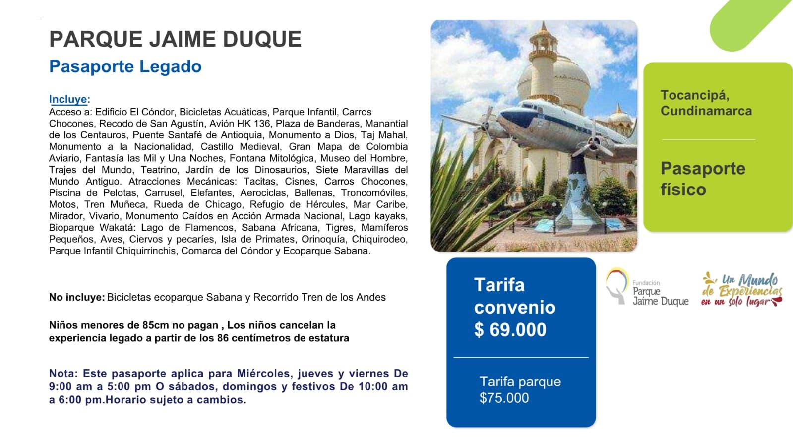 Convenio FECEL con el Parque Jaime Duque en Tocancipá: Pasaporte Legado con tarifa de convenio de $69.000 en lugar de $75.000.