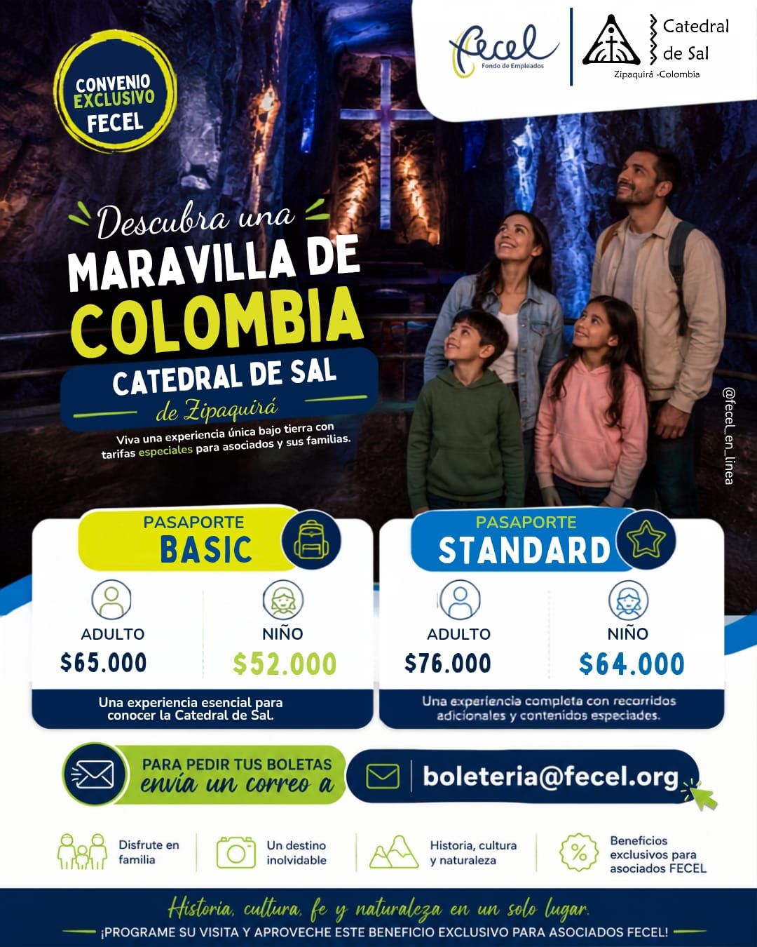 Convenio exclusivo FECEL con la Catedral de Sal de Zipaquirá: pasaporte Basic desde $52.000 y Standard desde $64.000, con tarifas para asociados.