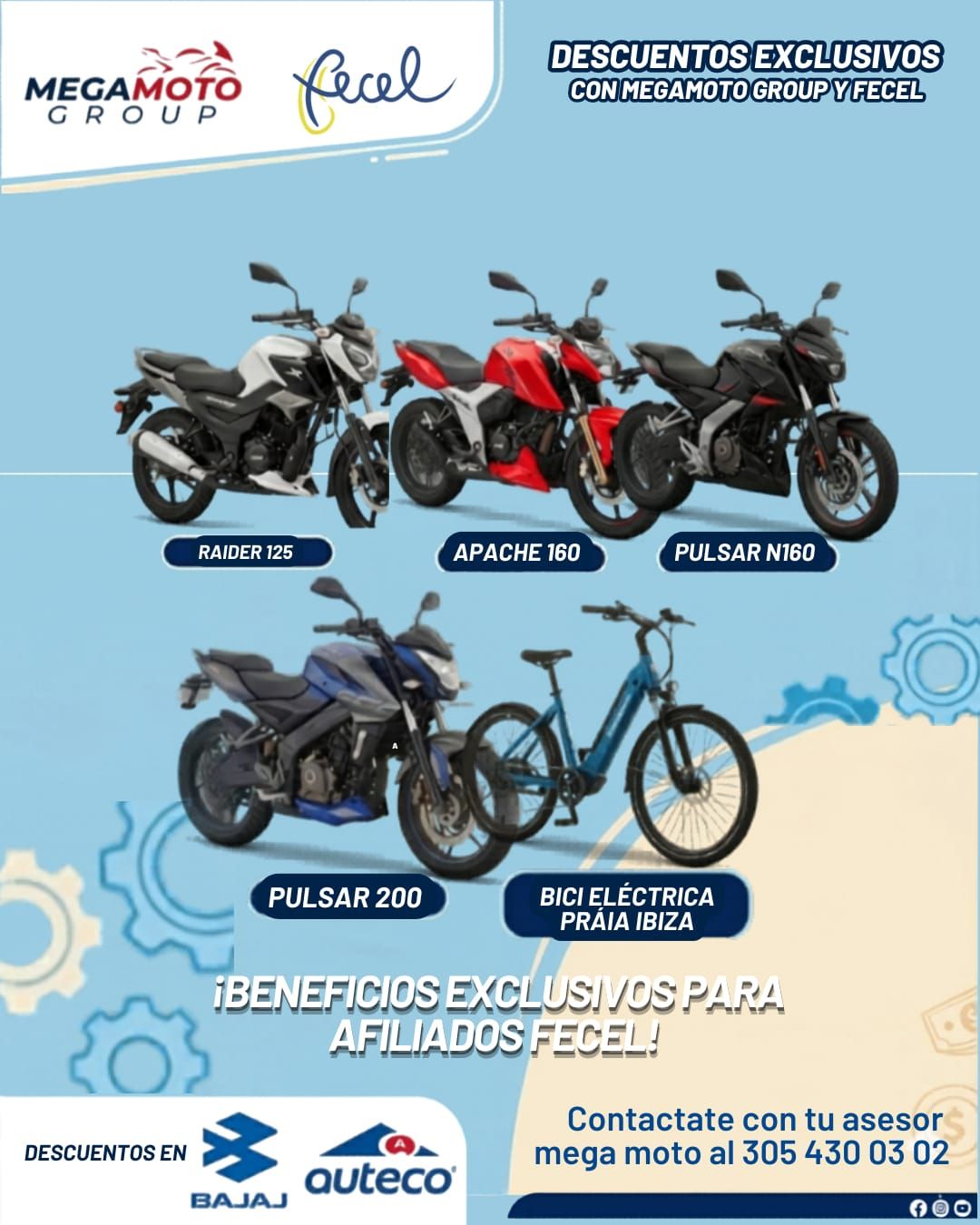 Convenio FECEL con MegaMoto Group: descuentos en motos Bajaj y Auteco —Raider 125, Apache 160, Pulsar N160 y 200— y en bicicleta eléctrica.